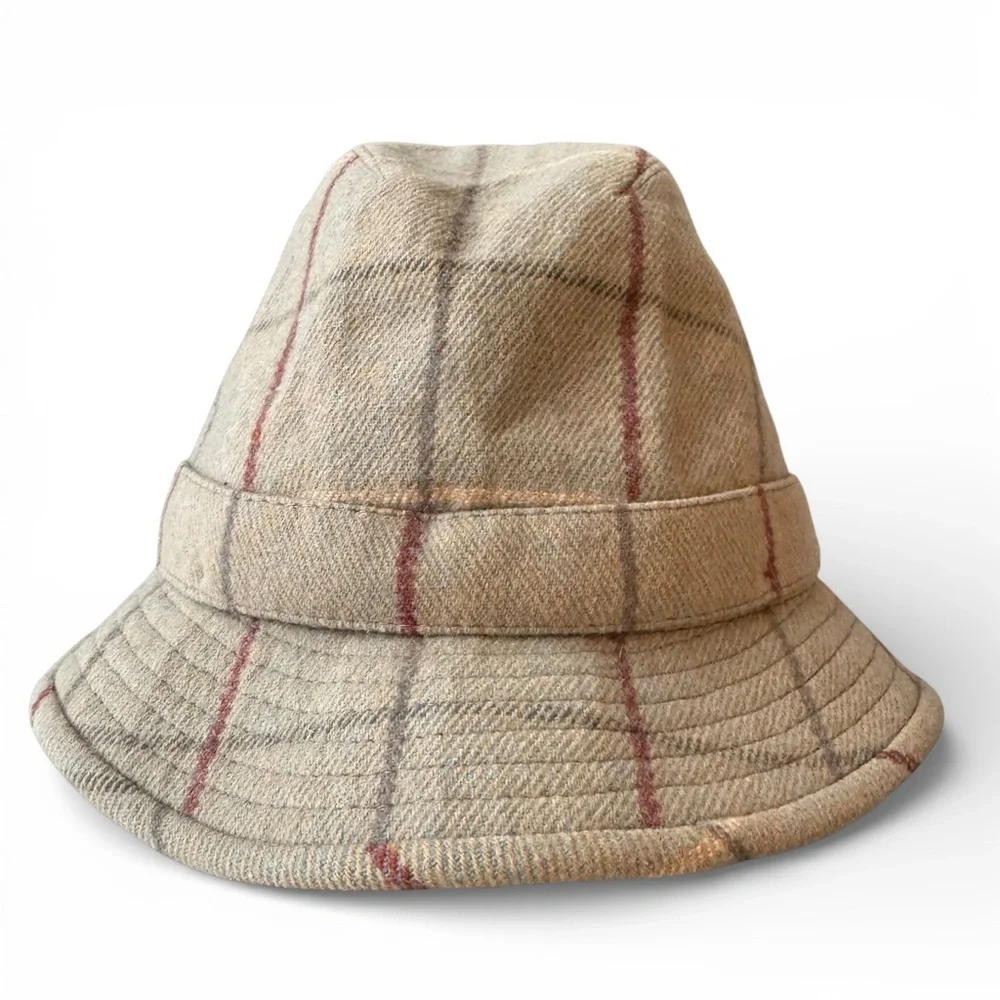 Burberry Vintage Fedora Hat Tan Plaid Windowpane Wool Multicolor Buckle 7 3/8 - Picture 2 of 13